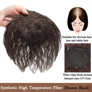 Synthetic hair topper detail showing breathable intranet, three secure clips, and curl texture.