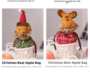 Detail view of bear and reindeer Christmas gift bags with specific size dimensions