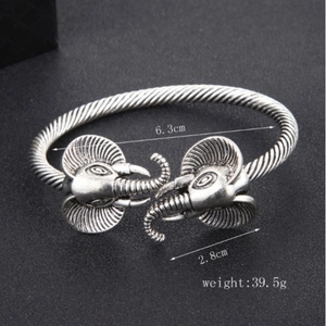 Retro silver elephant open cuff bracelet with twisted rope design and detailed trunk carvings