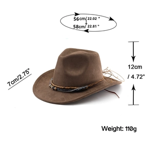 Brown suede Western hat features detailed dimensions with ethnic beaded band and feather