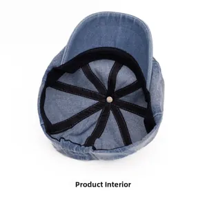 Internal details of washed denim octagonal hat with cross reinforcement and top metal button