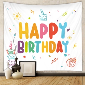 Bohemian happy birthday wall tapestry with colorful hand-drawn cake and confetti
