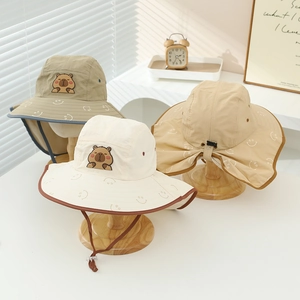 Kids quick-dry outdoor sun hat with neck flap and cartoon bear patch in neutral colors