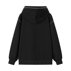 Women black drawstring hoodie with silver stud rivets detailing on hood and shoulders