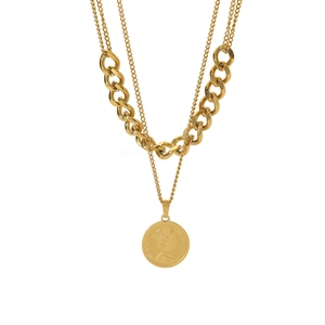 Double-layered 18k gold plated portrait coin pendant necklace for women