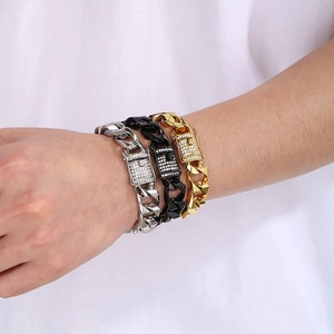 Men's stainless steel Cuban link bracelets in silver, gold, and black with iced out clasp