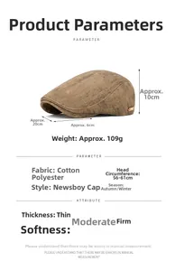 Vue détaillée de la casquette rétro britannique avec taille 56-61cm et poids de 109g