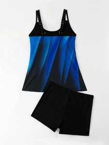Detail of printed tankini set with adjustable silver buckles and geometric pattern