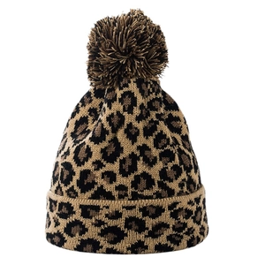 Winter leopard print knit beanie with a fluffy faux fur pom pom for men and women