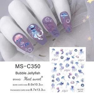Detail of adhesive aurora bubble jellyfish nail art stickers with coral patterns