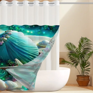 Detail of waterproof waffel fabric shower curtain with shell and pearl ocean patterns
