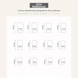 Size chart showing 12 different dimensions for white French press-on nails with measurements