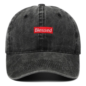 Unisex washed dark grey baseball cap with red and white Blessed embroidery patch