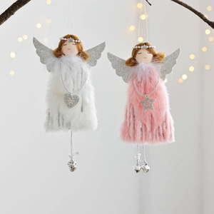 Plush Christmas angel girl ornaments in white and pink with silver sequins and bells