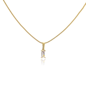 Detail of 18K gold plated snake chain necklace with rectangular zircon stone on white background