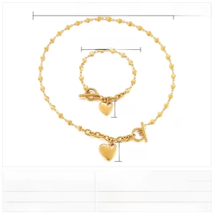 Size chart showing stainless steel heart pendant necklace and bracelet set dimensions