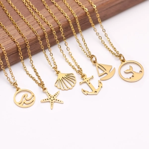 Collier Thème Océan en Acier Inoxydable 304 Minimaliste pour Femme Or Argent Coquillage Étoile de Mer Ancre Queue de Baleine Pendentif