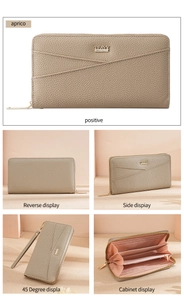 Macro view of apricot leather wallet detailing pebble texture and interior card slots