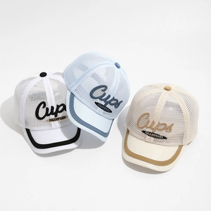 Breathable mesh kids baseball caps with embroidered Cups letters in white, blue, and beige