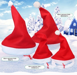Red Christmas Santa hats in various styles including kids' version with white braids
