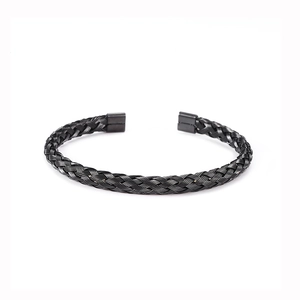 Waterproof black braided stainless steel mesh open cuff bracelet for men and women