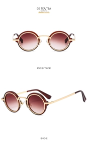 Detail view of round tea gradient sunglasses with a retro gold metal punk style frame