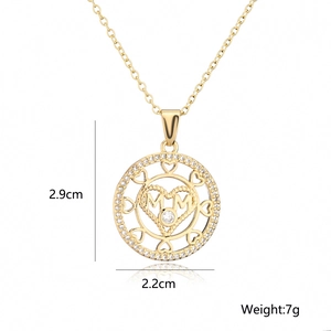 Detail showing dimensions of gold MOM pendant necklace with crystals and heart design