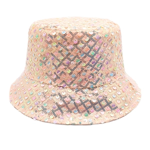 Detailed macro view of colorful sequins and diamond lattice pattern on bucket hat