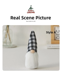 Detail of Nordic Christmas gnome with black and white plaid knit hat and white beard