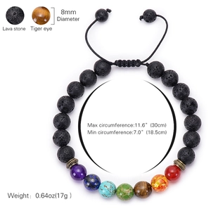 Adjustable 8mm lava stone and tiger eye chakra bracelet with dimensions and weight info