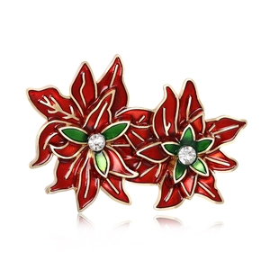 Enamel Christmas Flower Brooch Alloy Rhinestone Floral Pin For Women Festive Suit Accessory Elegant Poinsettia Jewelry