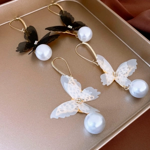 Butterfly Drop Earrings With Mesh Wings Round Imitation Artificial Pearl Rhinestones Elegant Sweet Style Women Silver Earring Post