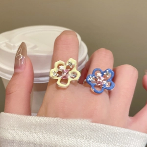 Colorful enamel flower open rings with pink zircon stone for summer jewelry style
