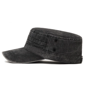 Washed grey cotton cadet army hat with flat top and breathable metal eyelets for men
