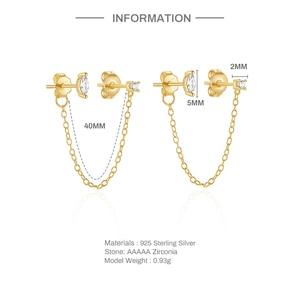 Detail view of 925 sterling silver chain stud earrings with AAAAA cubic zirconia stones