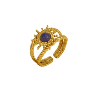 Bague tournesol plaquée or 18 carats avec pierre lapis naturelle et anneau ajustable
