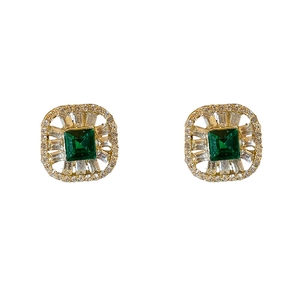 Vintage gold square stud earrings with emerald green gemstone and white zircon accents