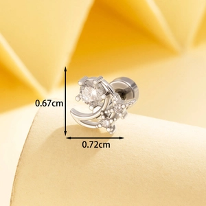 Sweet silver moon and star cartilage stud earring with cubic zirconia stones