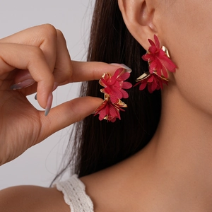 Fabric Chiffon Flower C-Shape Stud Earrings With Stainless Steel Earring Post Large Floral Elegant Jewelry For Women