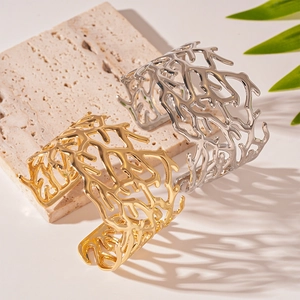 Modern organic branch texture open cuff bracelet in gold and silver plating