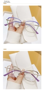 Detail of purple and green bicolour metal cat-eye frames with adjustable nose pads