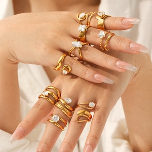Stainless Steel Geometric Ring Gold Plated Zircon Inlaid Tarnish Free Open Adjustable Modern Jewelry For Women