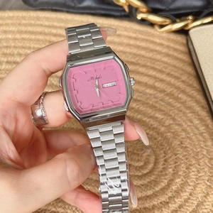 Fashionable square silver steel watch with pink dial showing date and weekday function