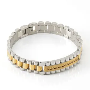 Stainless Steel Men Bracelet Watchband Style Link Chain 18K Gold Plated Fluted Texture Business Fashion Jewelry