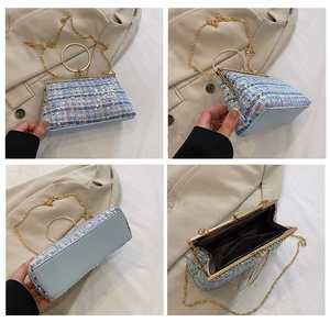 Detail view of tweed sequin handbag with gold ring handle and metal chain strap