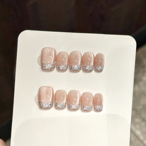 Short square nude cat eye press-on nails with silver glitter French gradient tips