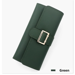 Close-up of green PU leather long wallet featuring litchi texture and gold metal buckle