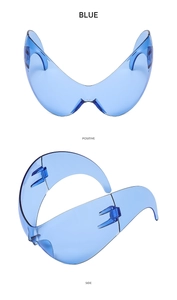 Front and side view of Y2K futuristic blue wrap around sunglasses with a semi-transparent frame