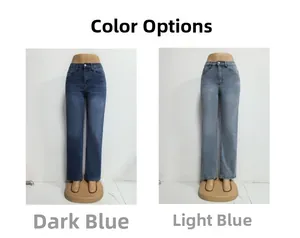 Vergelijking van high-waist jeans met wijde pijpen in donkerblauwe en lichtblauwe wassing