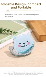 Close-up of portable blue cat makeup mirror with floating glitter and folding design